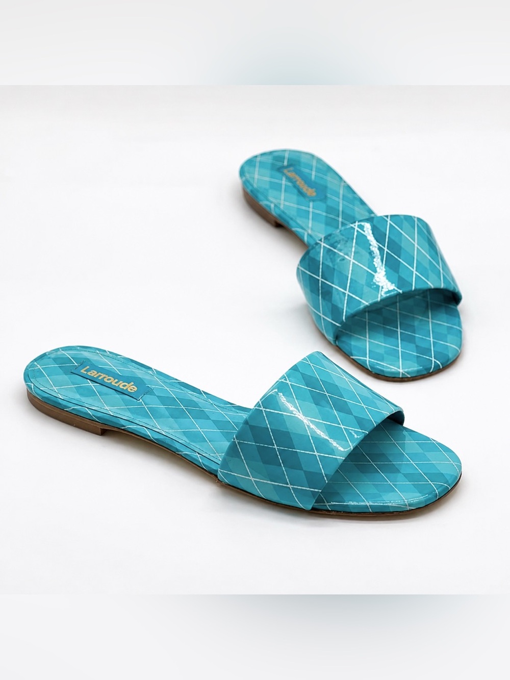 Larroudé Ivy Aqua Argyle Patent Leather Slide Sandals 6.5 $215